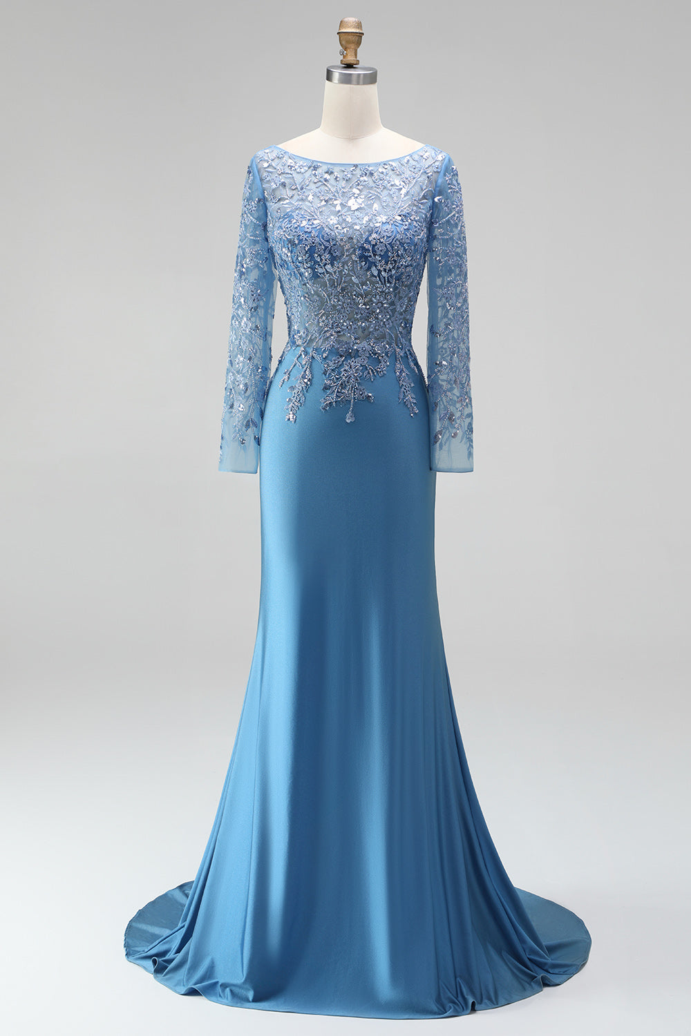 Sparkly Slate Blue Satin Mermaid Floral Beaded Long Sleeves Formal Dress