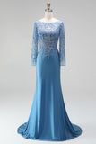 Sparkly Slate Blue Satin Mermaid Floral Beaded Long Sleeves Formal Dress