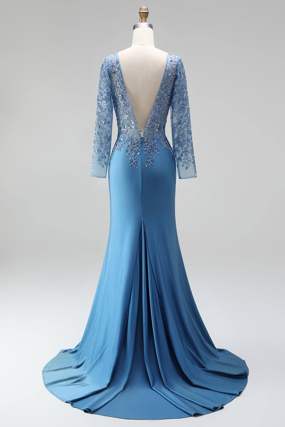 Sparkly Slate Blue Satin Mermaid Floral Beaded Long Sleeves Formal Dress