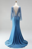 Sparkly Slate Blue Satin Mermaid Floral Beaded Long Sleeves Formal Dress