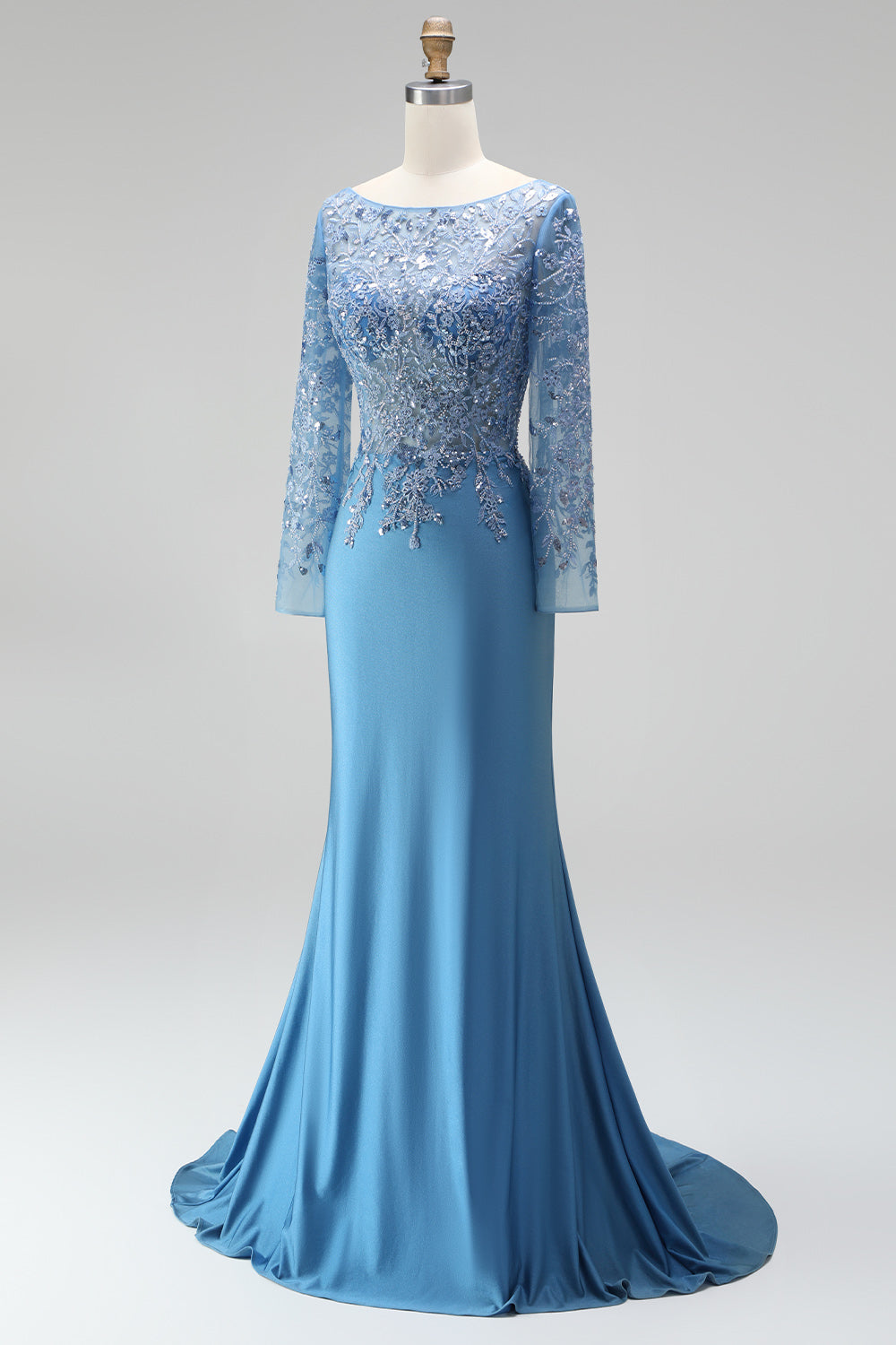 Sparkly Slate Blue Satin Mermaid Floral Beaded Long Sleeves Formal Dress