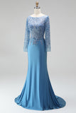 Sparkly Slate Blue Satin Mermaid Floral Beaded Long Sleeves Formal Dress