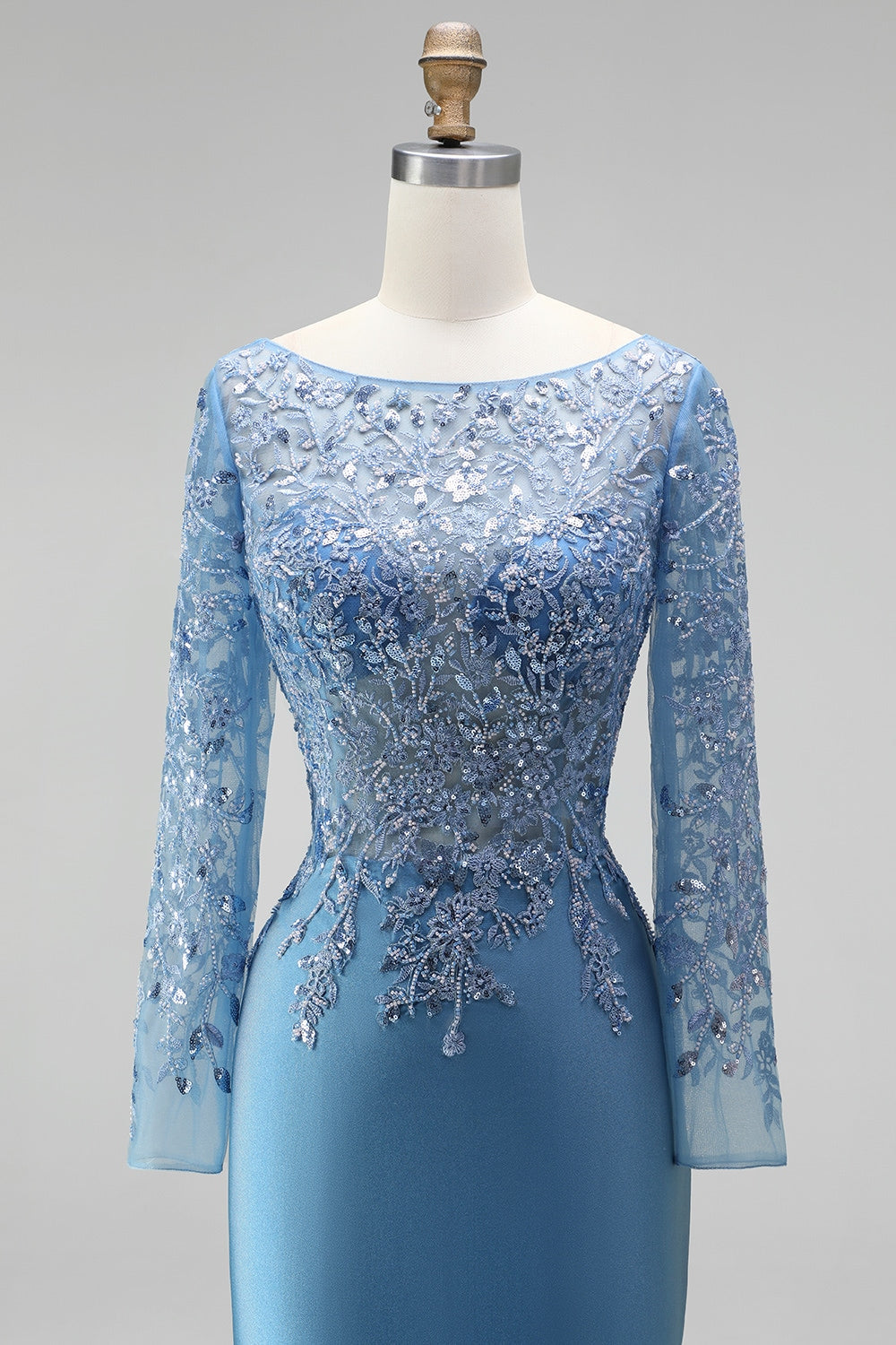 Sparkly Slate Blue Satin Mermaid Floral Beaded Long Sleeves Formal Dress