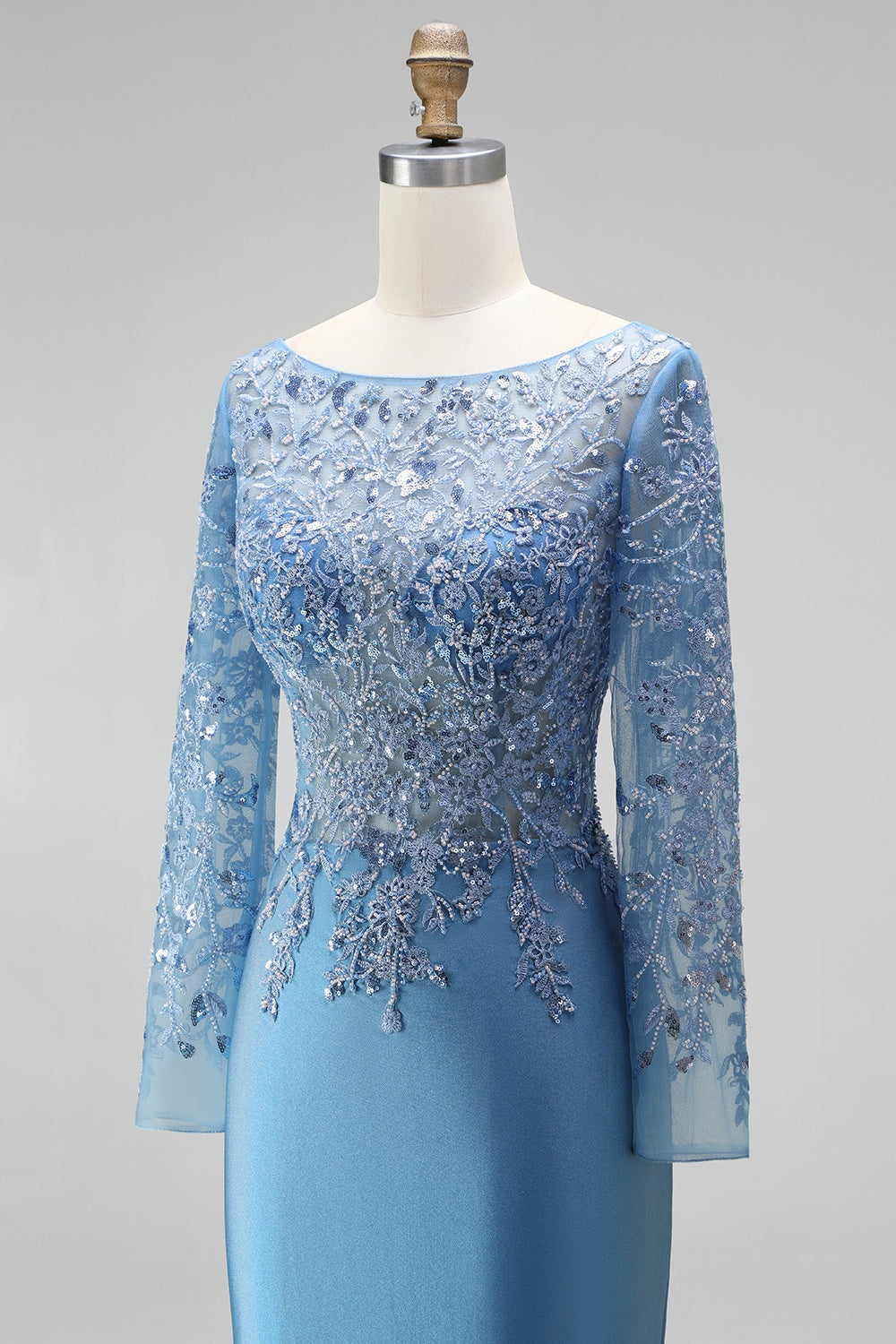 Sparkly Slate Blue Satin Mermaid Floral Beaded Long Sleeves Formal Dress
