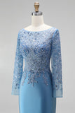 Sparkly Slate Blue Satin Mermaid Floral Beaded Long Sleeves Formal Dress
