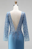 Sparkly Slate Blue Satin Mermaid Floral Beaded Long Sleeves Formal Dress