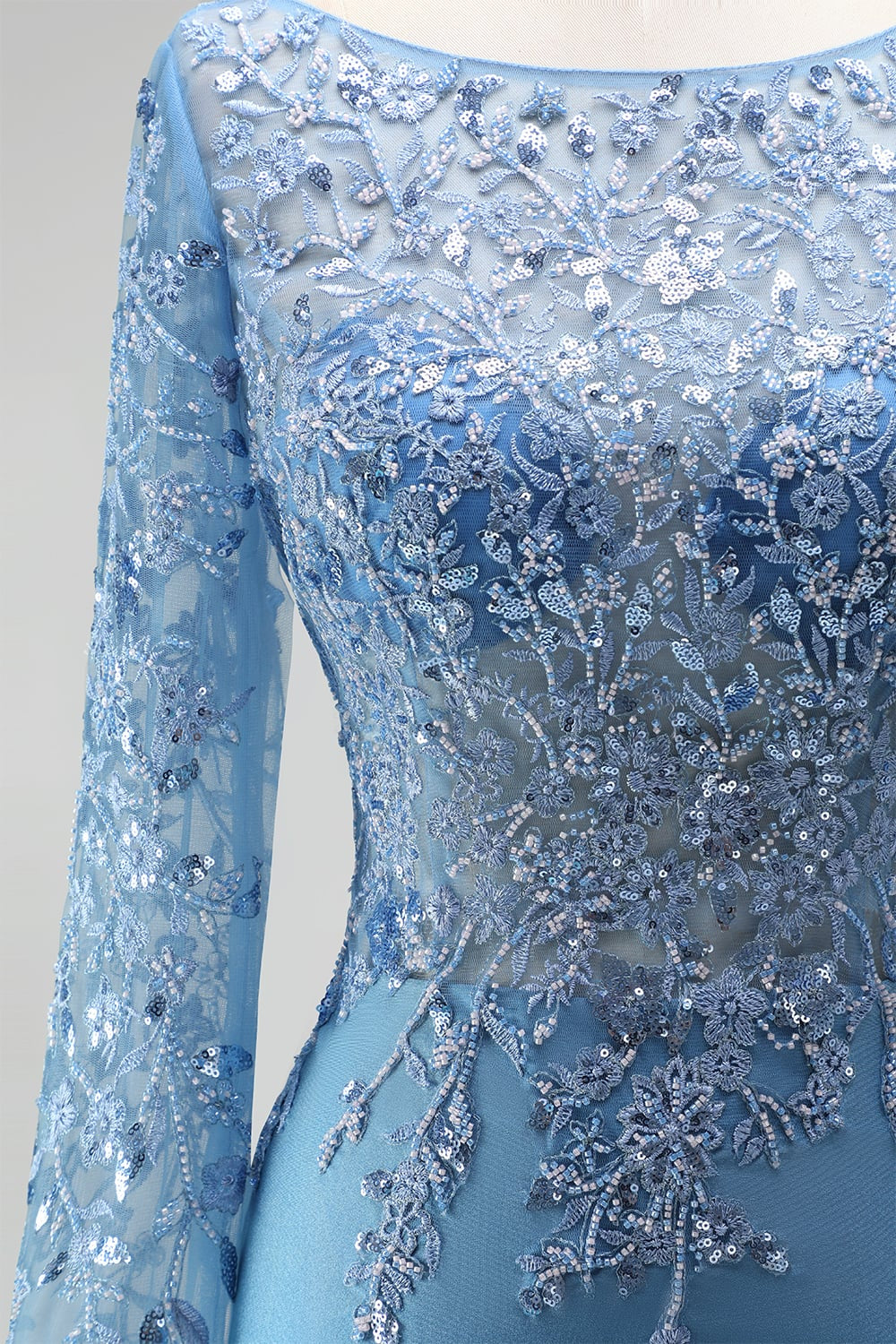 Sparkly Slate Blue Satin Mermaid Floral Beaded Long Sleeves Formal Dress