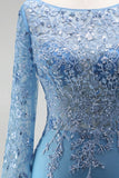 Sparkly Slate Blue Satin Mermaid Floral Beaded Long Sleeves Formal Dress