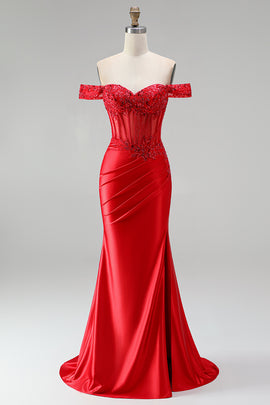 Red Satin Beaded Ruched Appliqued Mermaid Corset Long Prom Dress with Slit