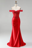 Red Satin Beaded Ruched Appliqued Mermaid Corset Long Prom Dress with Slit