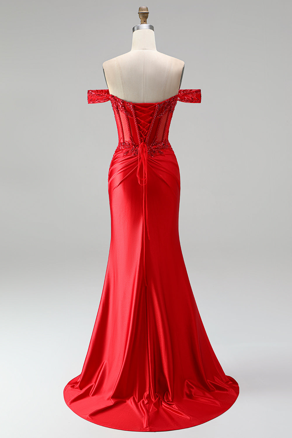 Red Satin Beaded Ruched Appliqued Mermaid Corset Long Prom Dress with Slit