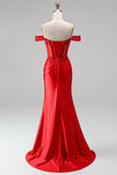 Red Satin Beaded Ruched Appliqued Mermaid Corset Long Prom Dress with Slit