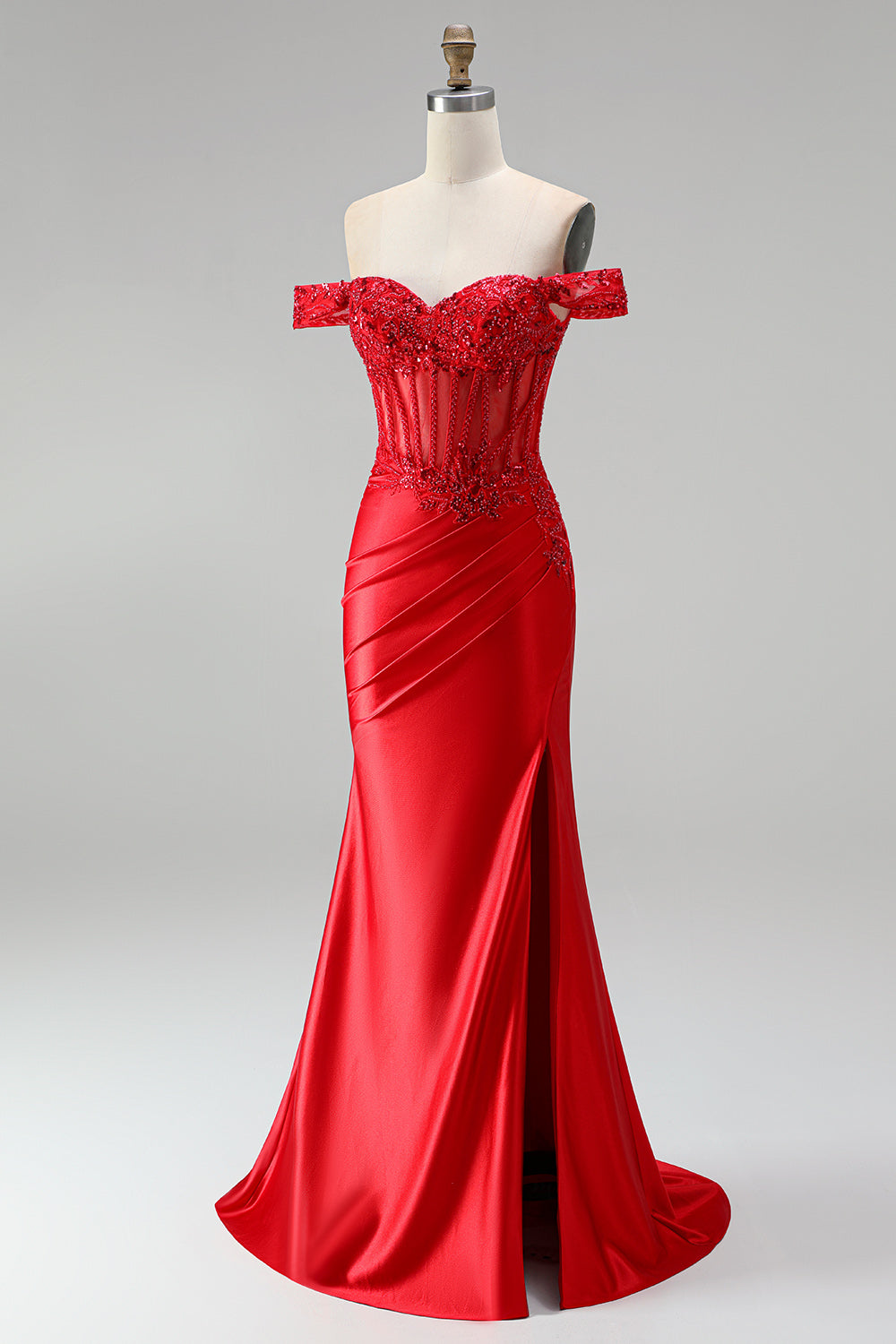 Red Satin Beaded Ruched Appliqued Mermaid Corset Long Prom Dress with Slit