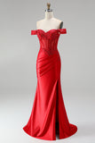 Red Satin Beaded Ruched Appliqued Mermaid Corset Long Prom Dress with Slit