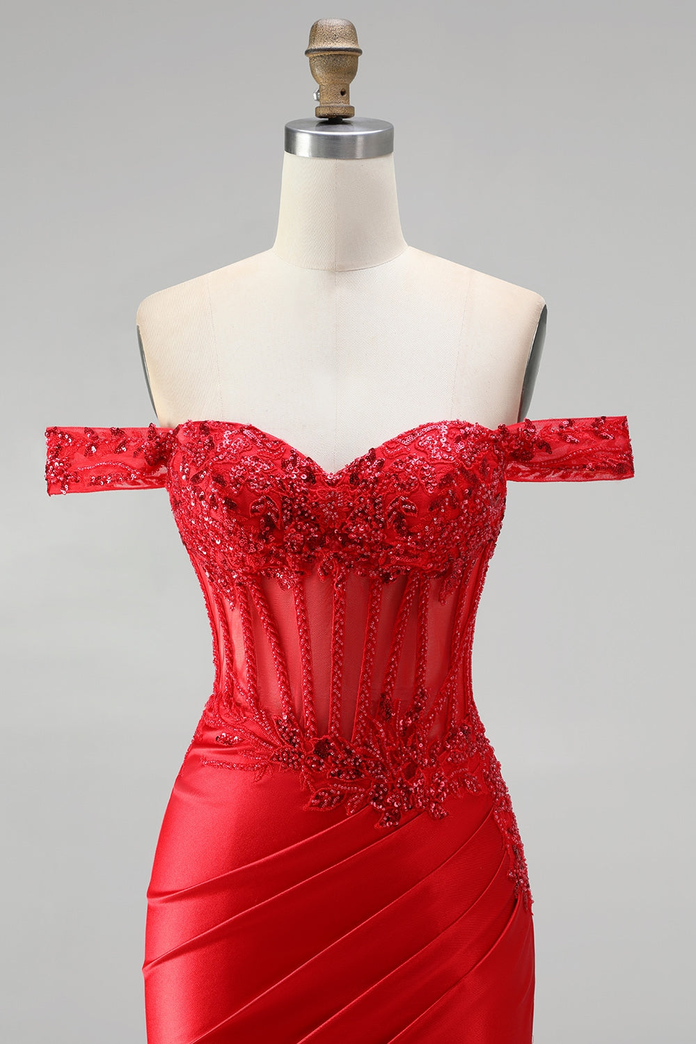 Red Satin Beaded Ruched Appliqued Mermaid Corset Long Prom Dress with Slit