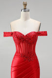 Red Satin Beaded Ruched Appliqued Mermaid Corset Long Prom Dress with Slit