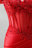 Red Satin Beaded Ruched Appliqued Mermaid Corset Long Prom Dress with Slit