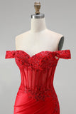 Red Satin Beaded Ruched Appliqued Mermaid Corset Long Prom Dress with Slit