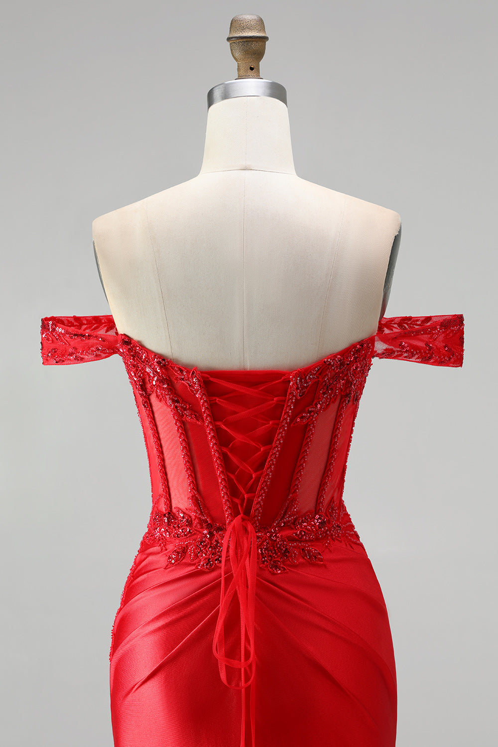 Red Satin Beaded Ruched Appliqued Mermaid Corset Long Prom Dress with Slit