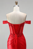 Red Satin Beaded Ruched Appliqued Mermaid Corset Long Prom Dress with Slit