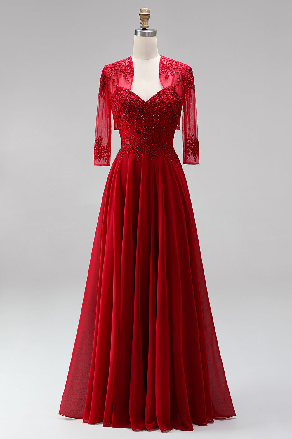 Red Embroidered Beaded A Line 2 Piece Long Prom Dress with Shawl