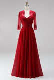 Red Embroidered Beaded A Line 2 Piece Long Prom Dress with Shawl