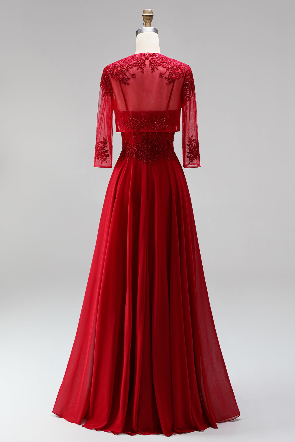 Red Embroidered Beaded A Line 2 Piece Long Prom Dress with Shawl