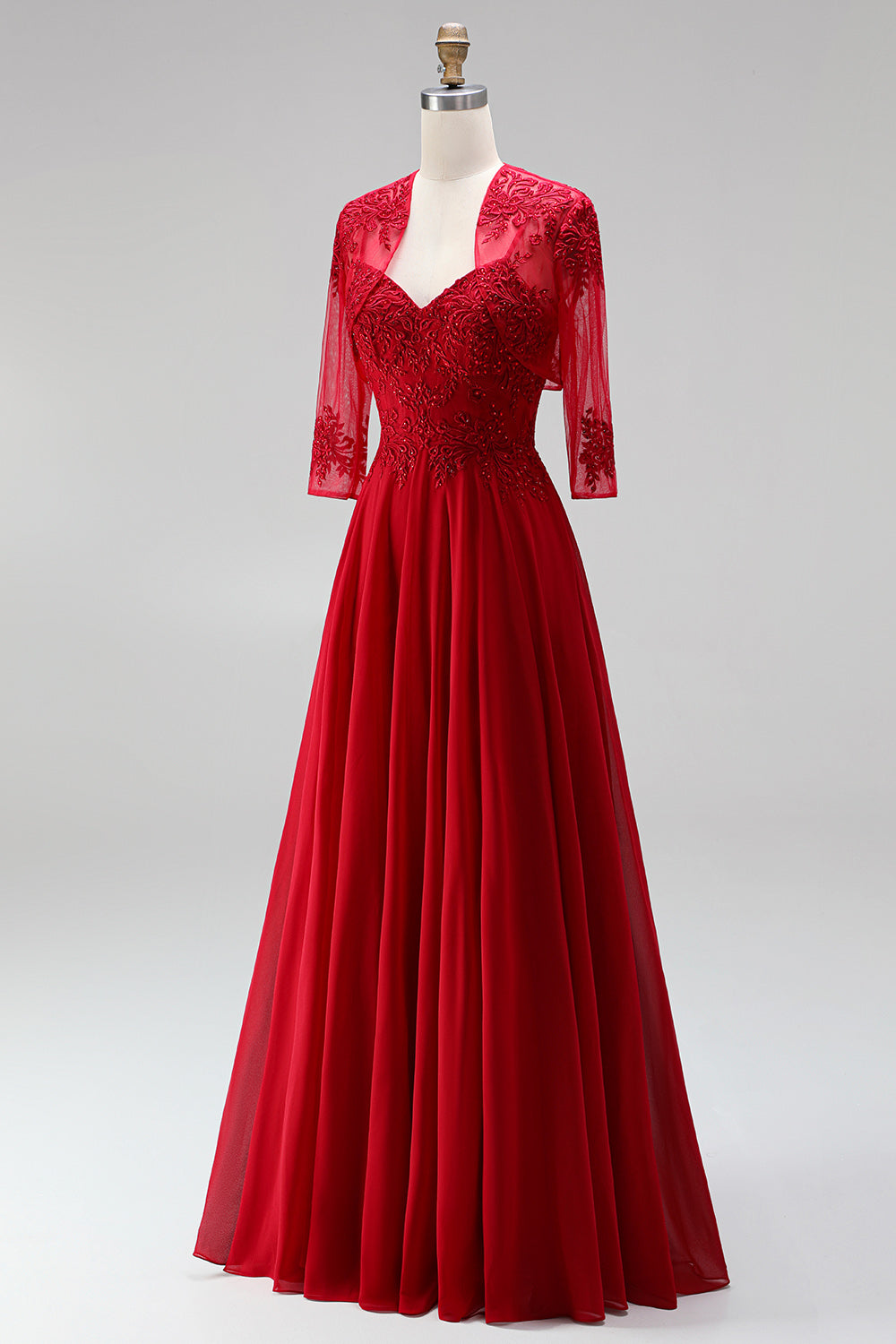 Red Embroidered Beaded A Line 2 Piece Long Prom Dress with Shawl