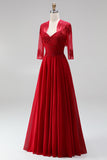 Red Embroidered Beaded A Line 2 Piece Long Prom Dress with Shawl