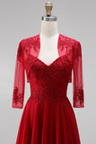 Red Embroidered Beaded A Line 2 Piece Long Prom Dress with Shawl