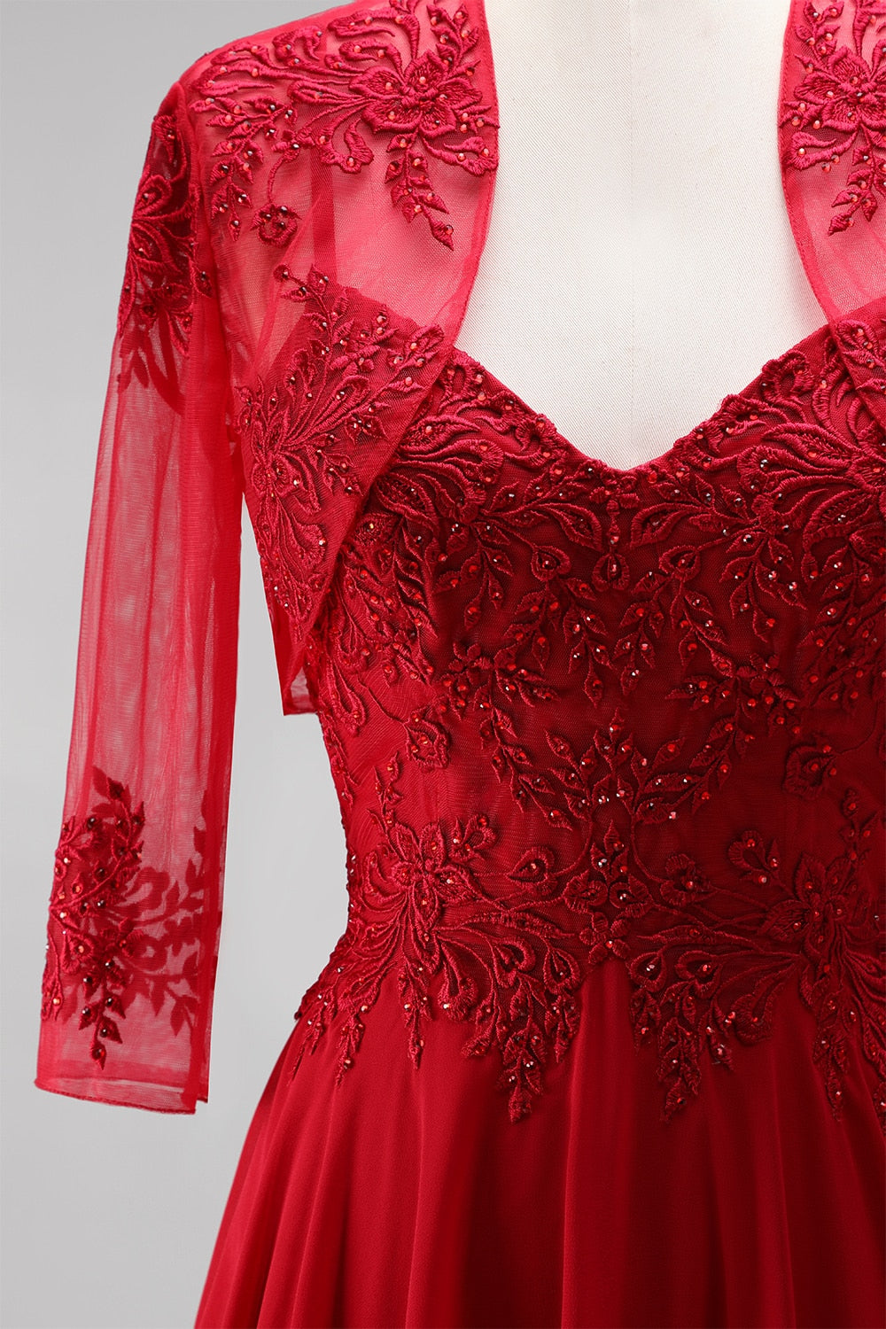 Red Embroidered Beaded A Line 2 Piece Long Prom Dress with Shawl