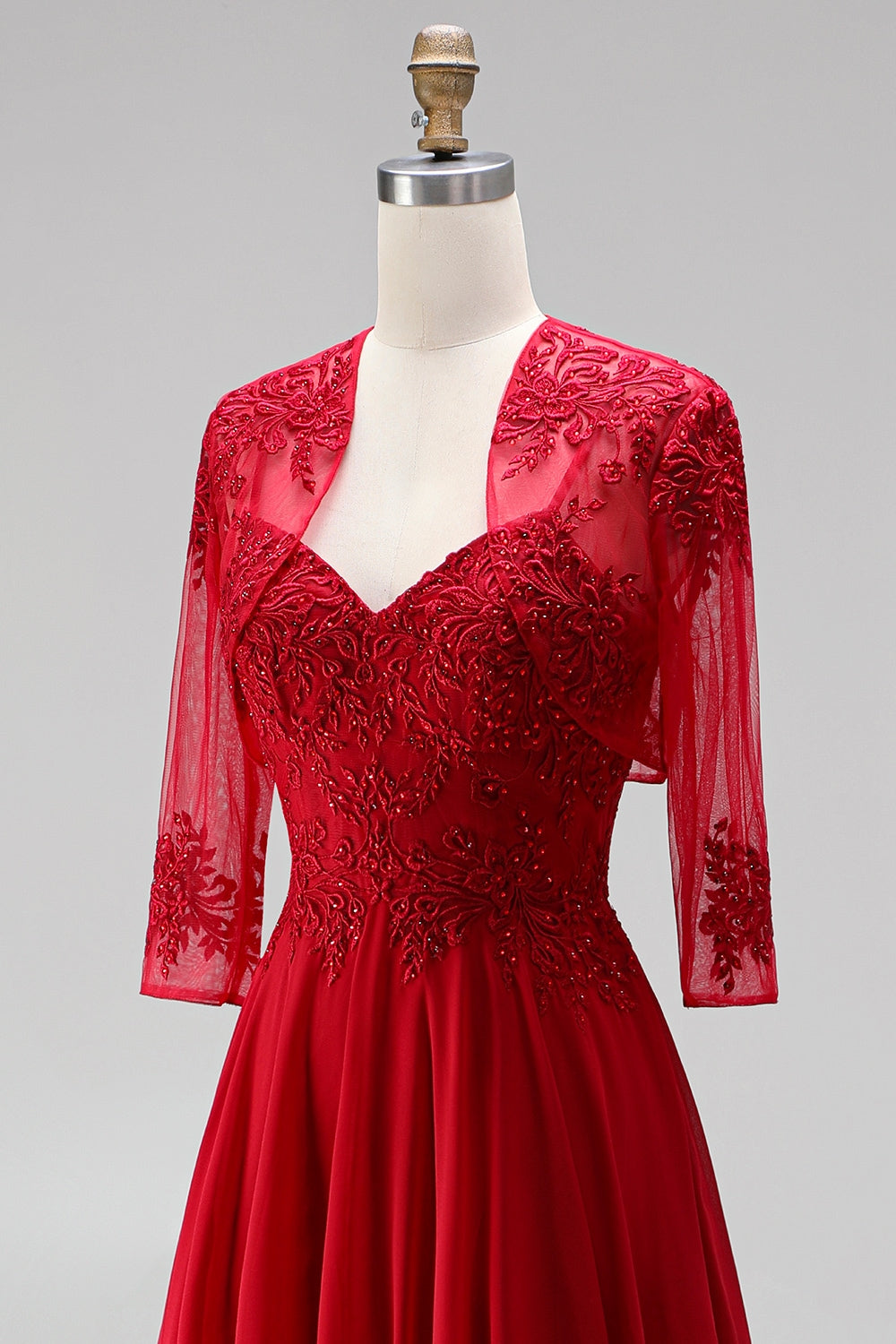 Red Embroidered Beaded A Line 2 Piece Long Prom Dress with Shawl