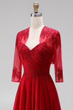 Red Embroidered Beaded A Line 2 Piece Long Prom Dress with Shawl