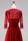 Red Embroidered Beaded A Line 2 Piece Long Prom Dress with Shawl