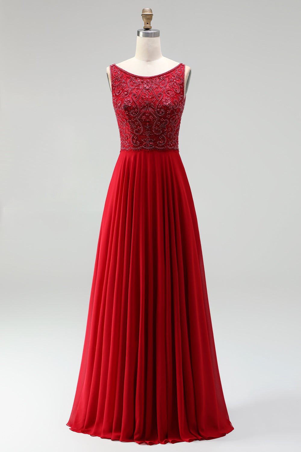 Burgundy Chiffon A-Line Boat Neck Beaded Floral Long Prom Dress