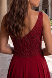 Burgundy Chiffon A-Line Boat Neck Beaded Floral Long Prom Dress