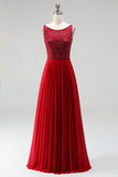 Burgundy Chiffon A-Line Boat Neck Beaded Floral Long Prom Dress
