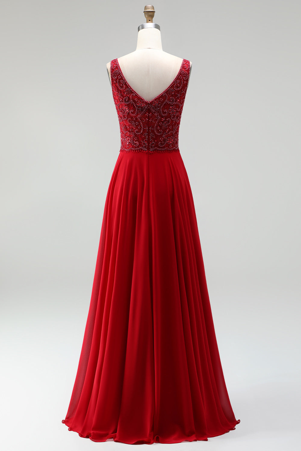 Burgundy Chiffon A-Line Boat Neck Beaded Floral Long Prom Dress
