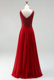 Burgundy Chiffon A-Line Boat Neck Beaded Floral Long Prom Dress