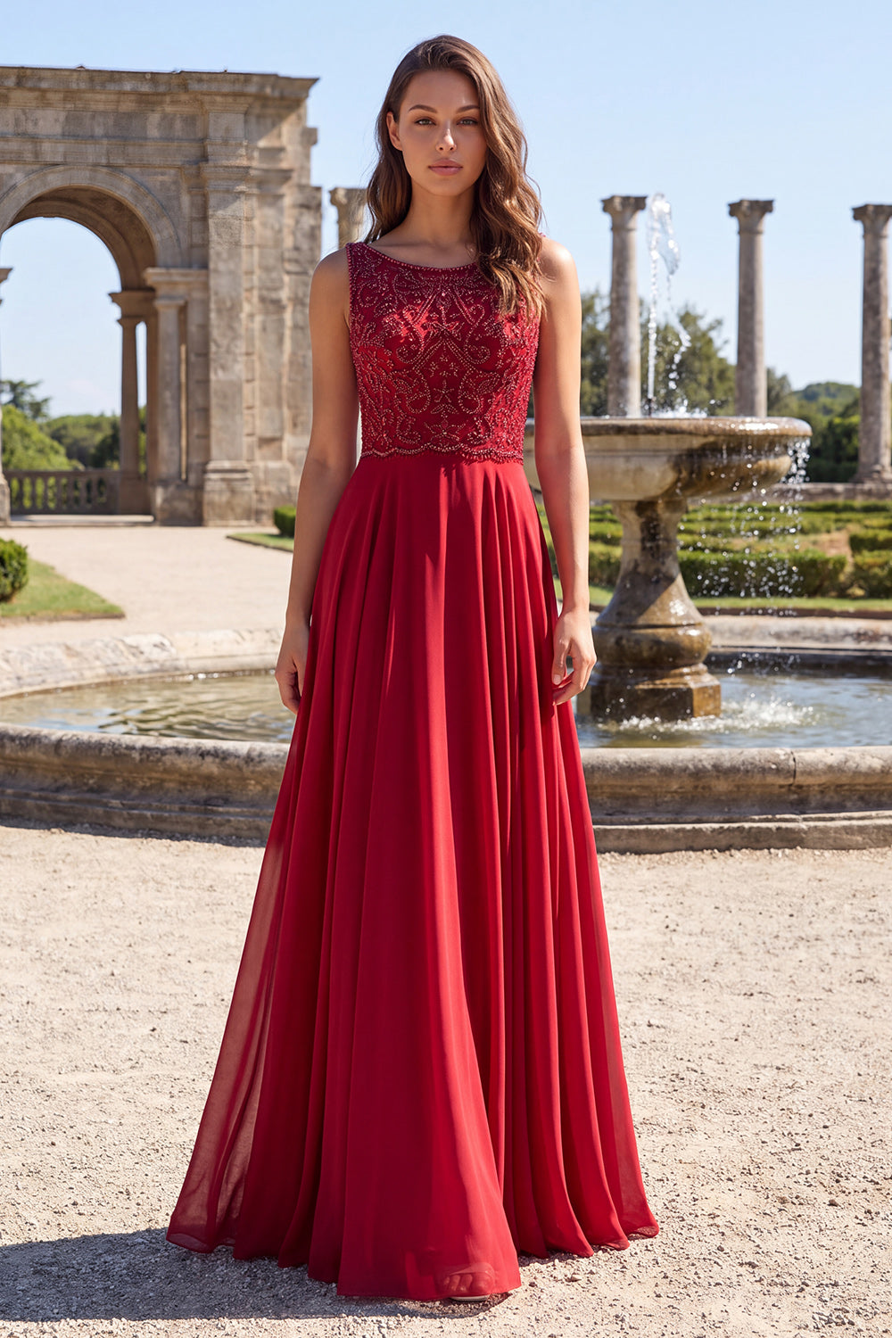 Burgundy Chiffon A-Line Boat Neck Beaded Floral Long Prom Dress