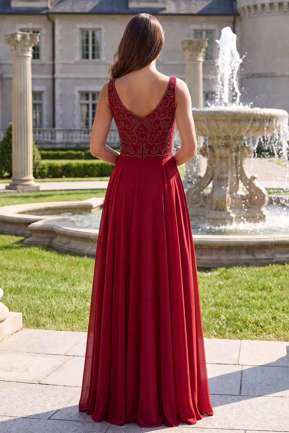 Burgundy Chiffon A-Line Boat Neck Beaded Floral Long Prom Dress