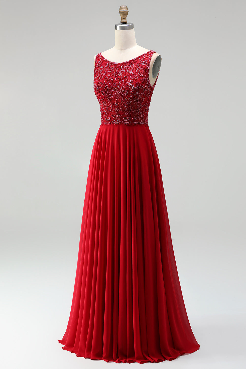 Burgundy Chiffon A-Line Boat Neck Beaded Floral Long Prom Dress