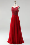 Burgundy Chiffon A-Line Boat Neck Beaded Floral Long Prom Dress