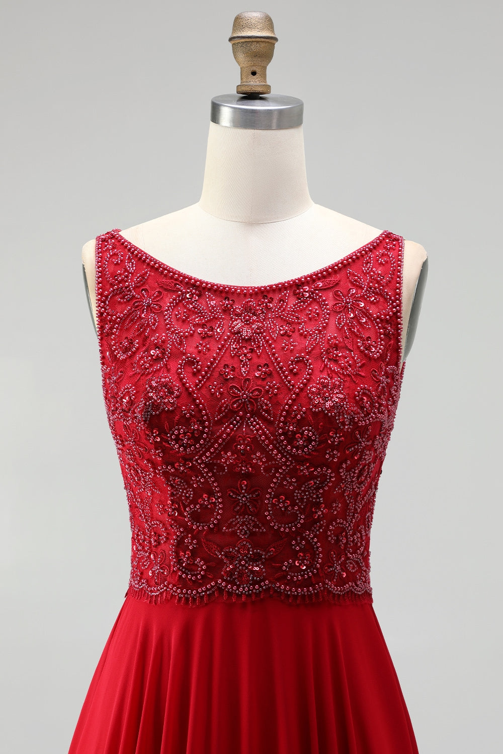 Burgundy Chiffon A-Line Boat Neck Beaded Floral Long Prom Dress