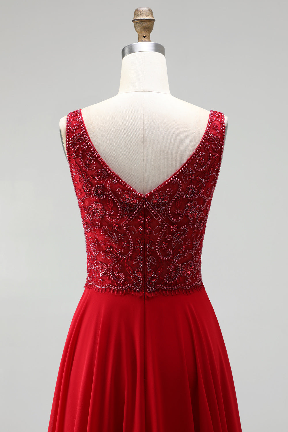 Burgundy Chiffon A-Line Boat Neck Beaded Floral Long Prom Dress