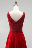 Burgundy Chiffon A-Line Boat Neck Beaded Floral Long Prom Dress