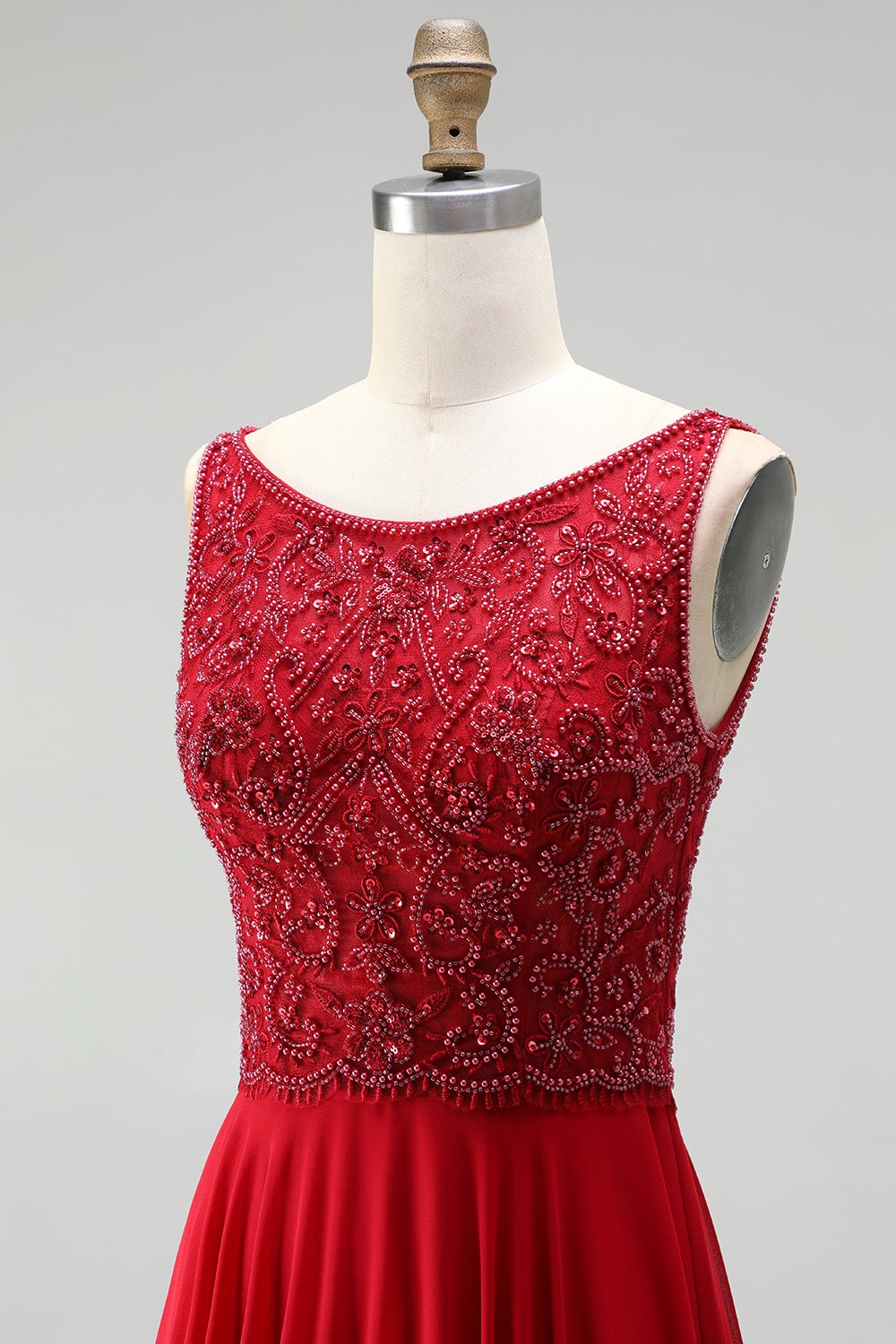 Burgundy Chiffon A-Line Boat Neck Beaded Floral Long Prom Dress