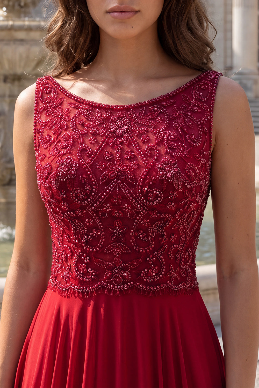 Burgundy Chiffon A-Line Boat Neck Beaded Floral Long Prom Dress