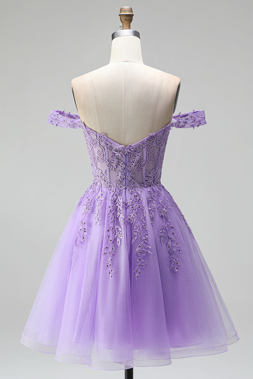 Sparkly Light Plum Corset Beaded Floral A Line Tulle Short Cocktail Dress