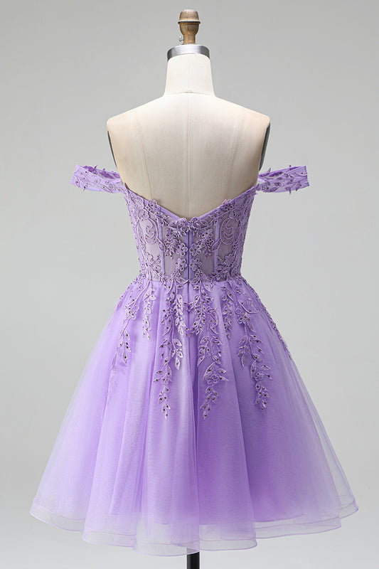 Sparkly Light Plum Corset Beaded Floral A Line Tulle Short Cocktail Dress